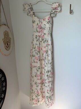 Cream Pink Floral Ruffle short Sleeve Maxi Dress